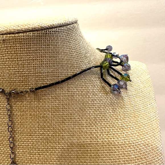 Glass Crystal bead necklace marked DOL, Black bead chain, green & blue crystals - Picture 11 of 14